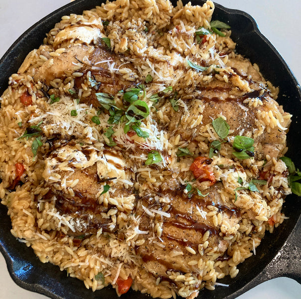 Rosemary Chicken Thighs with Tomato Orzo & Burrata
